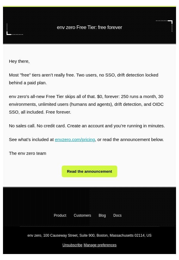 env zero Free Tier: full-featured IaC orchestration, free forever email from Env0 screenshot