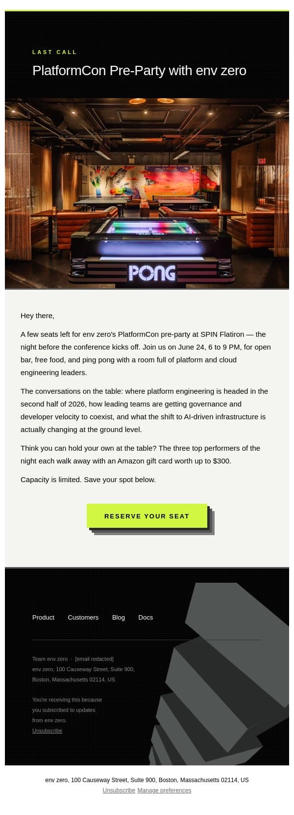 Last spots: PlatformCon Pre-Party with env zero email from Env0 screenshot