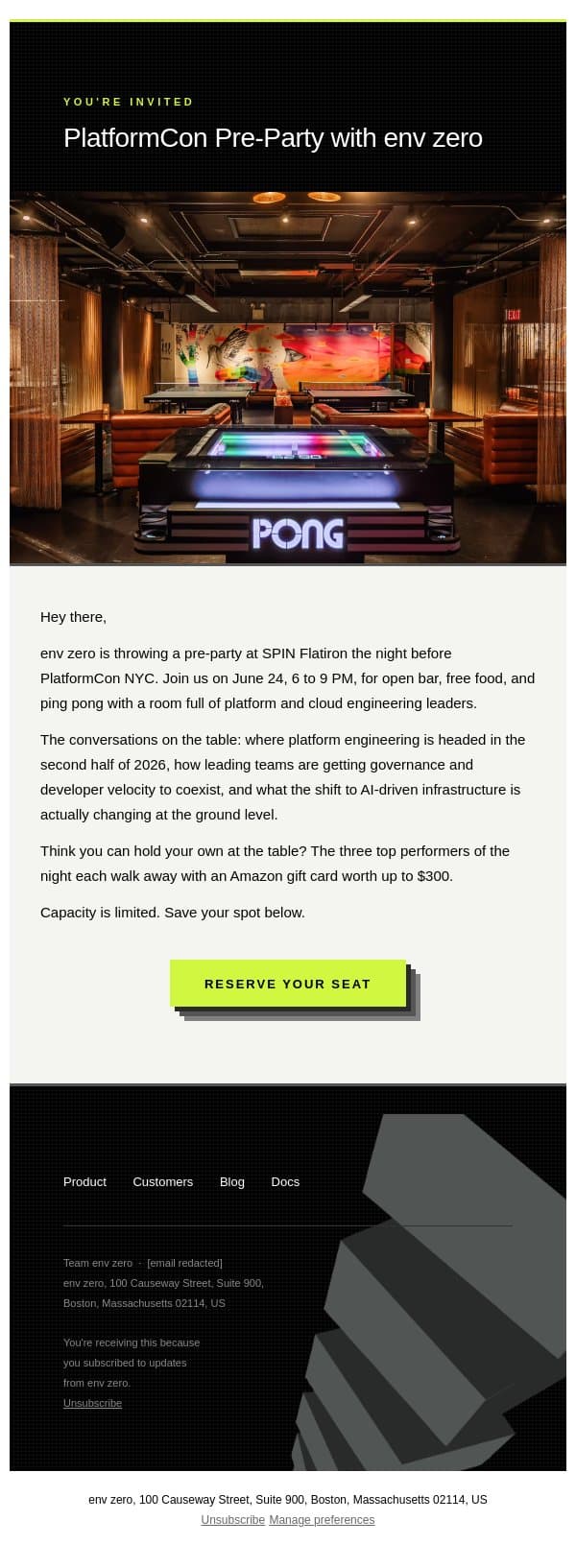 You're invited: PlatformCon Pre-Party with env zero email from Env0 screenshot
