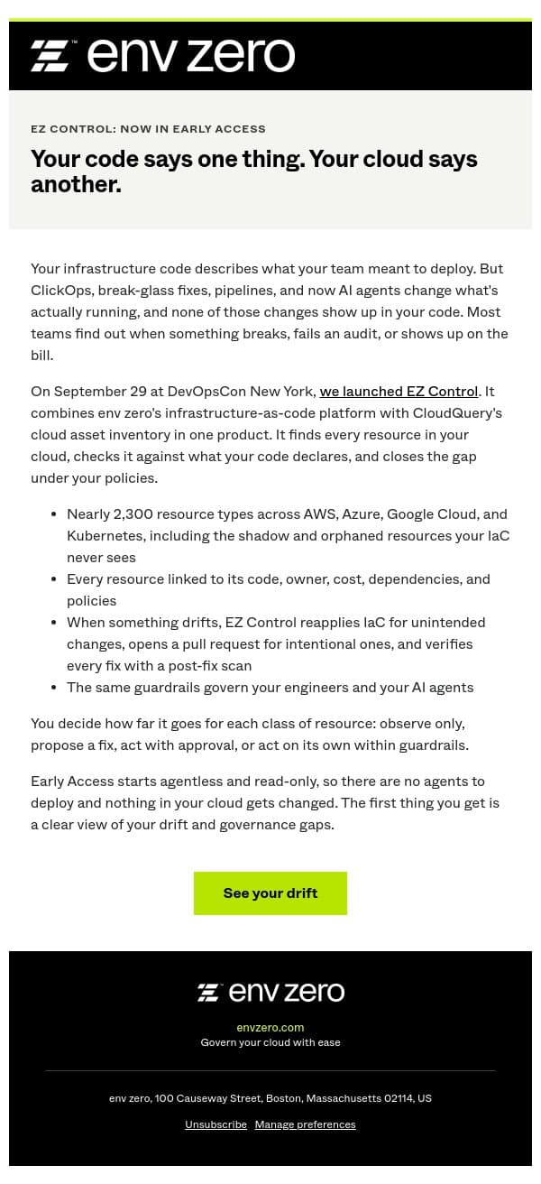 EZ Control is in Early Access email from Env0 screenshot