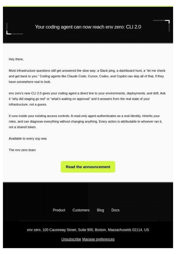 env zero CLI 2.0: point your coding agent at your infra email from Env0 screenshot