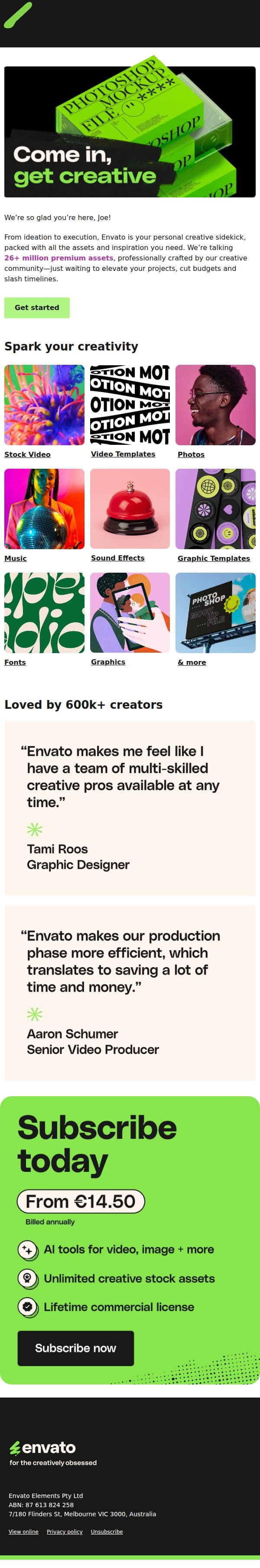 Welcome to Envato, Joe! email from Envato screenshot