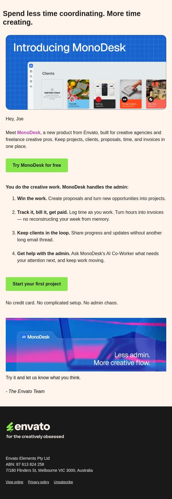 New from Envato: Try MonoDesk for free email from Envato screenshot