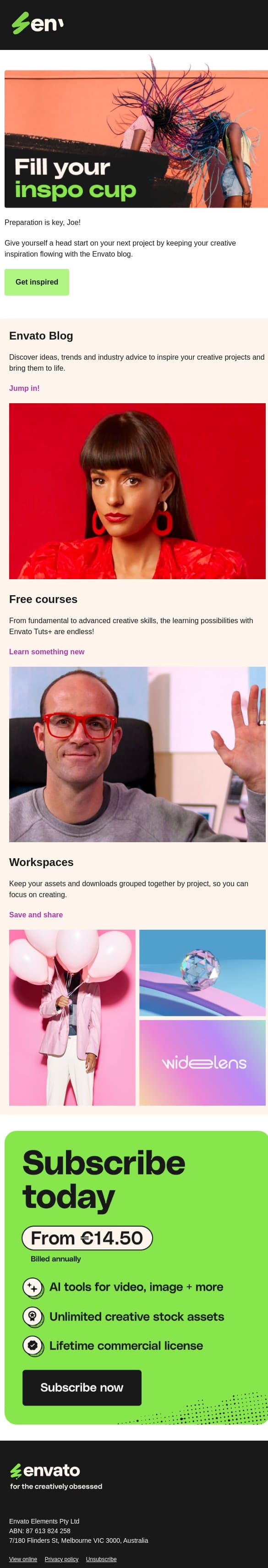 ⚡️ Explore free design courses, Joe email from Envato screenshot