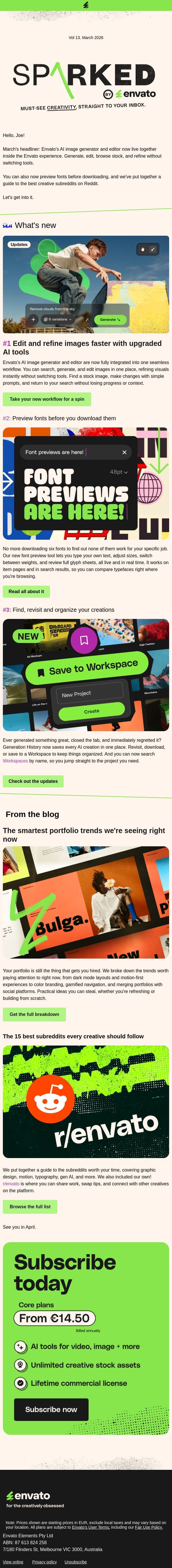 AI image tools upgrade + new font previewer email from Envato screenshot