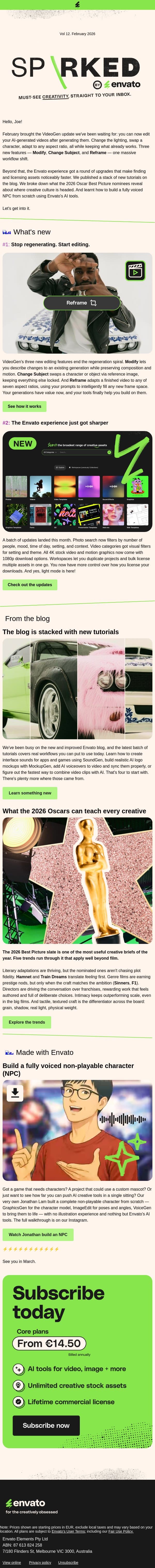 The VideoGen update that changes everything + a stacked Feb email from Envato screenshot