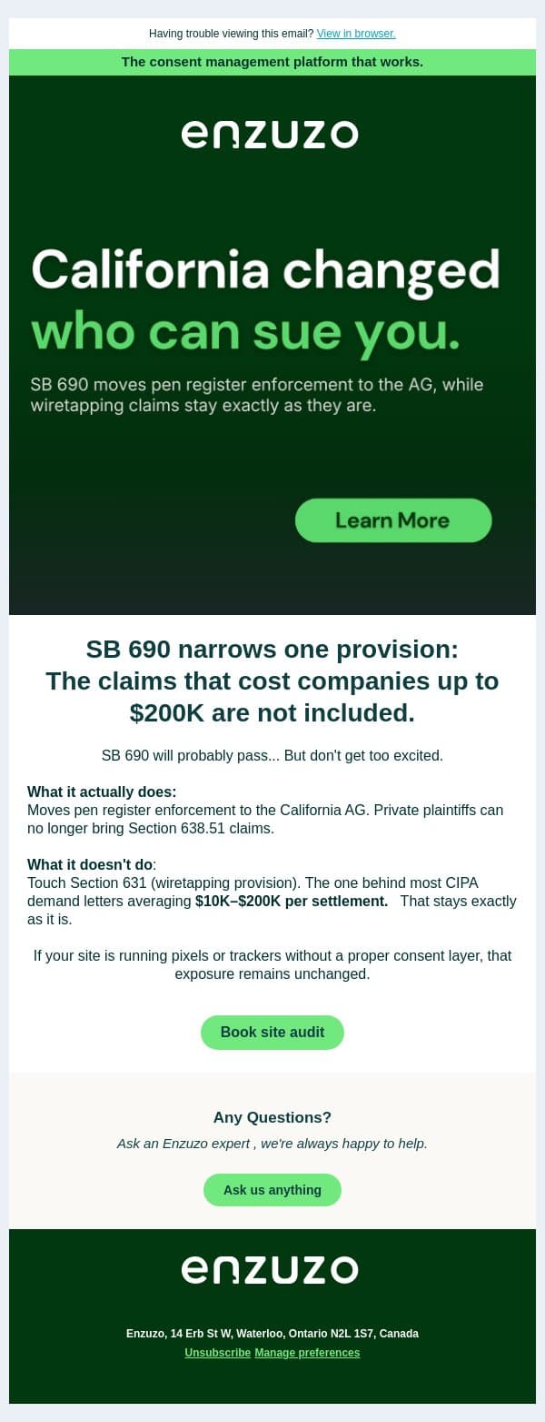 [SB 690] CIPA reform is passing. email from Enzuzo screenshot