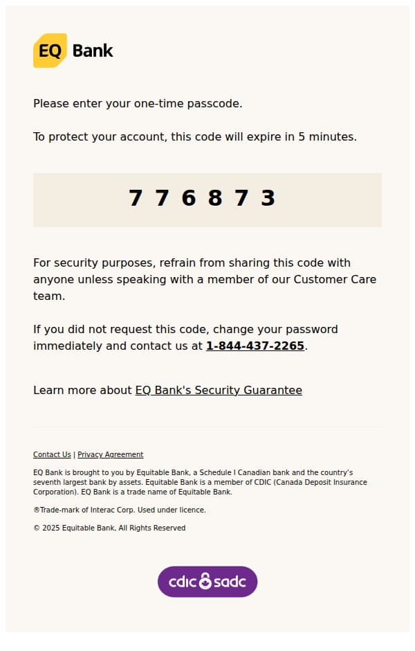 EQ Bank One Time Passcode - Dec 26, 2025 6:45AM email from EQ Bank screenshot