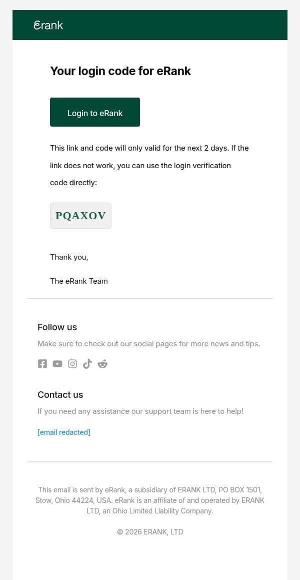 Verify your email email from Erank screenshot