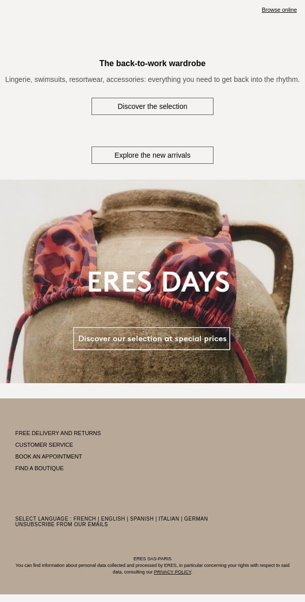 New-season essentials email from Eres screenshot
