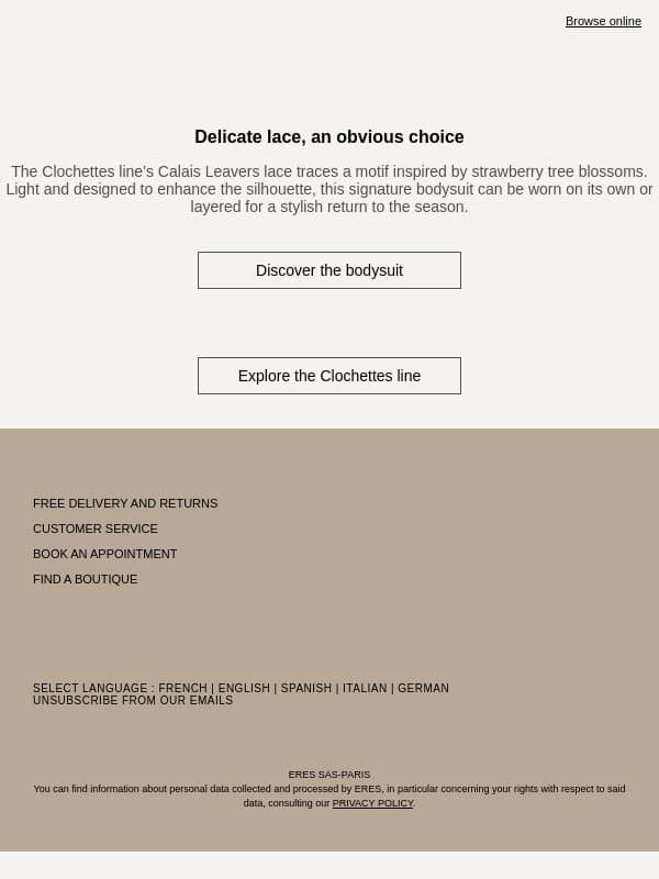 A new bodysuit in Calais lace email from Eres screenshot