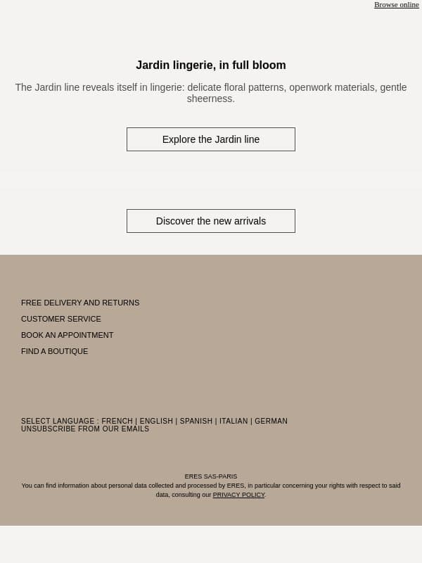 Lace, sheer fabrics and floral motifs email from Eres screenshot