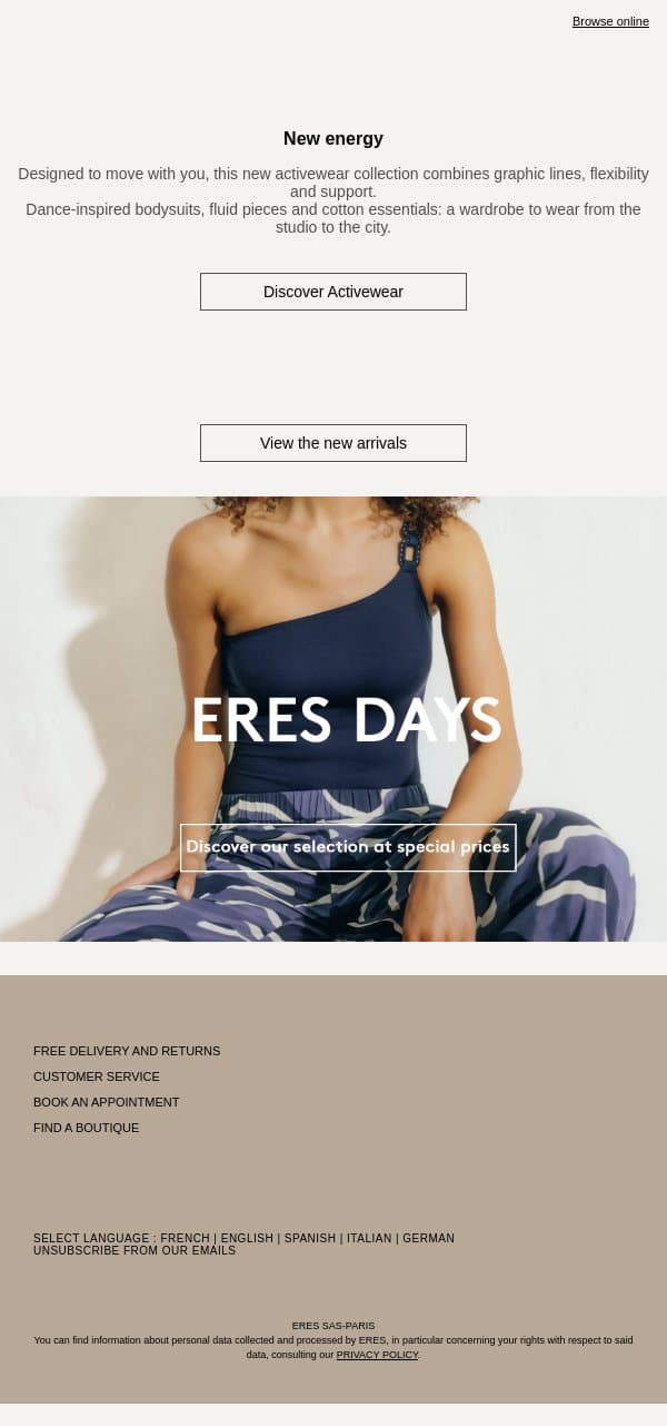 New Activewear Collection email from Eres screenshot