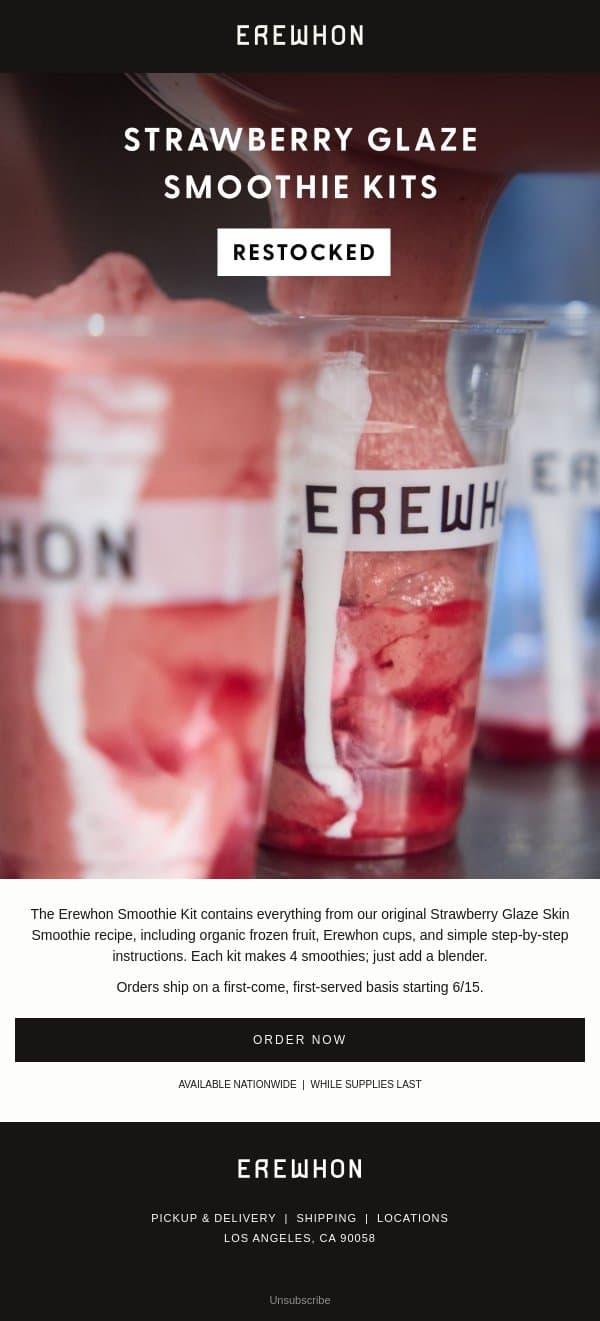 Strawberry Glaze Smoothie Kits email from Erewhon screenshot