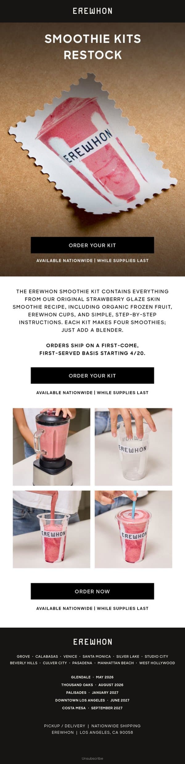 Smoothie Kits Restock email from Erewhon screenshot