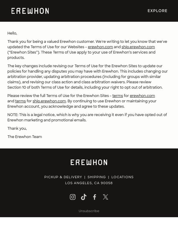 Updates to our Terms & Conditions email from Erewhon screenshot