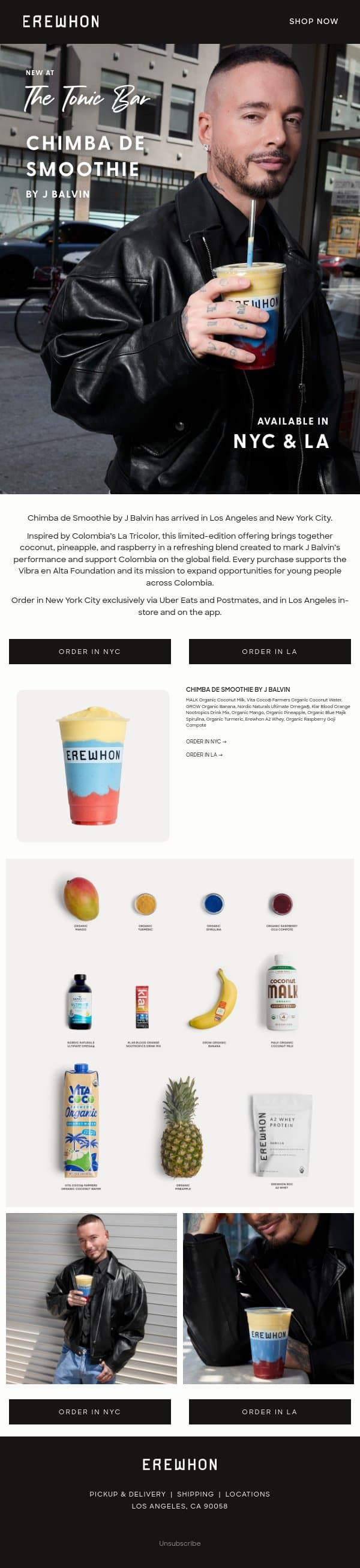 Chimba de Smoothie by J Balvin email from Erewhon screenshot