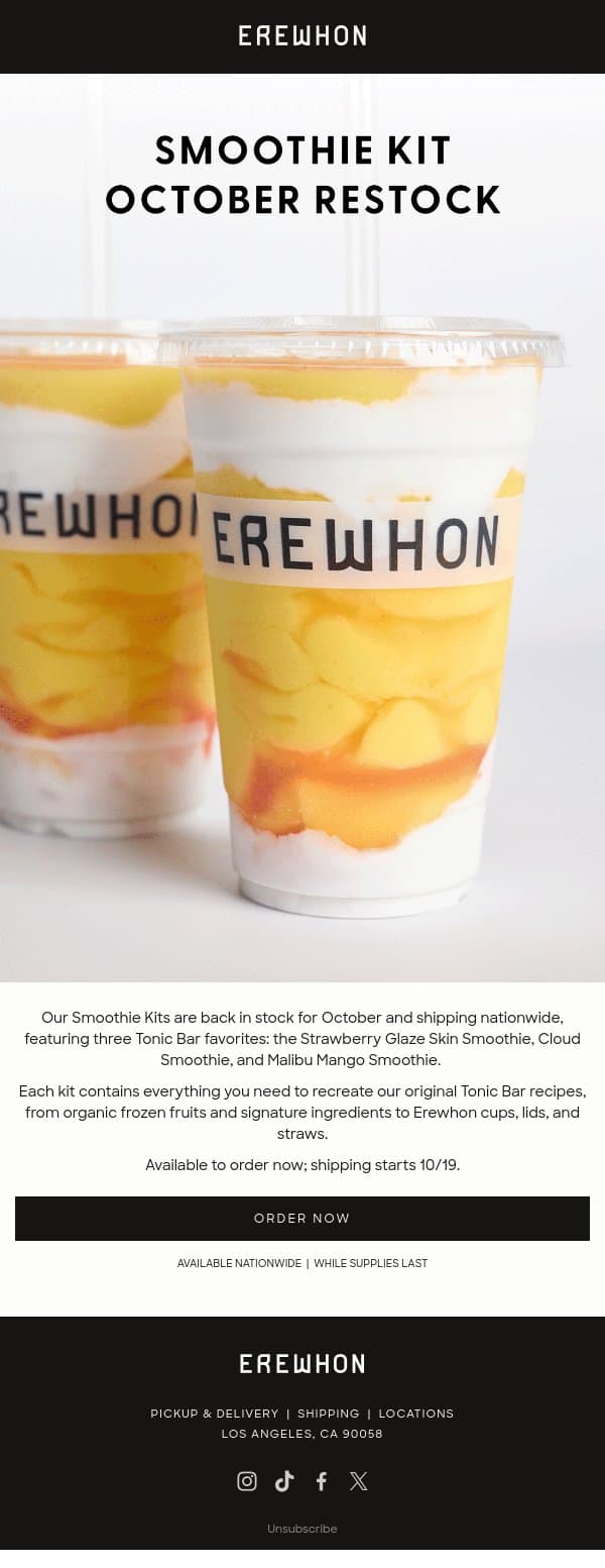 Smoothie Kit October Restock email from Erewhon screenshot