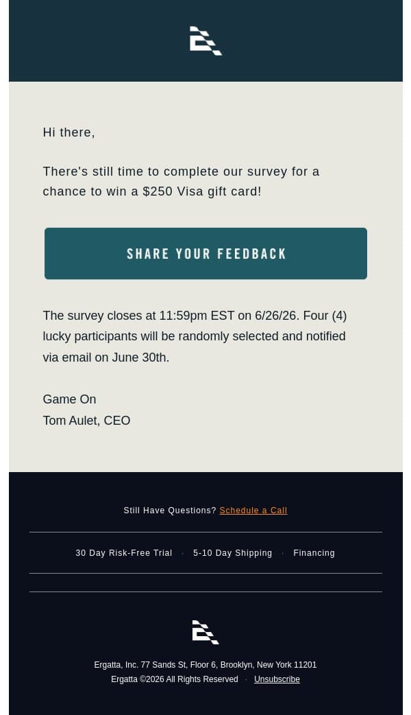 Last chance — survey closes today email from Ergatta screenshot