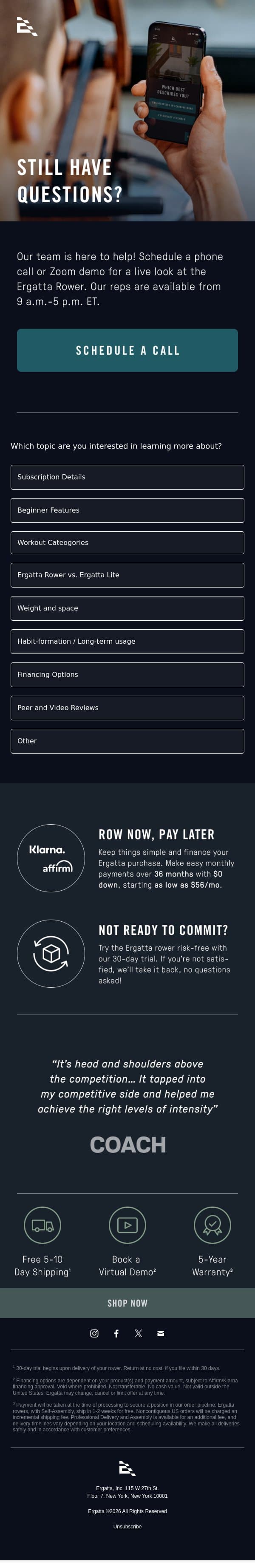 Still have questions? email from Ergatta screenshot