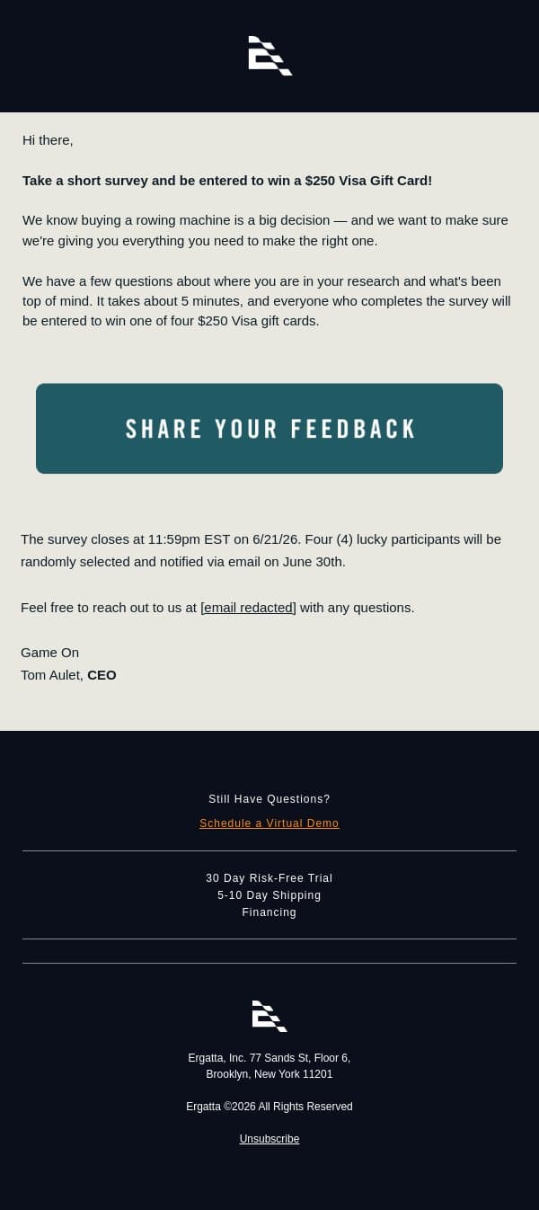 Help us help you — and win $250 email from Ergatta screenshot