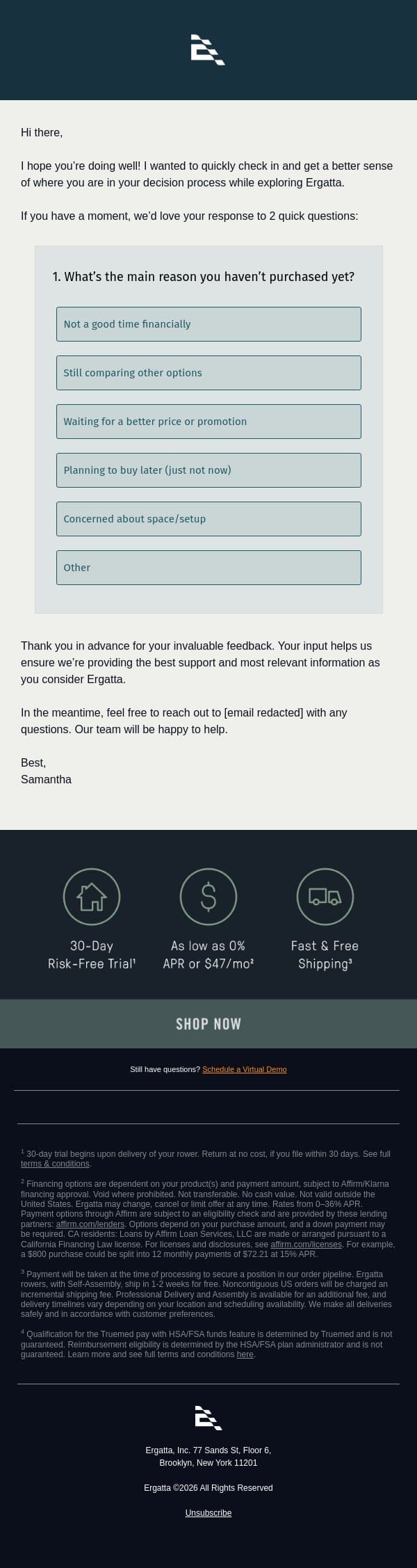 Quick question for you email from Ergatta screenshot