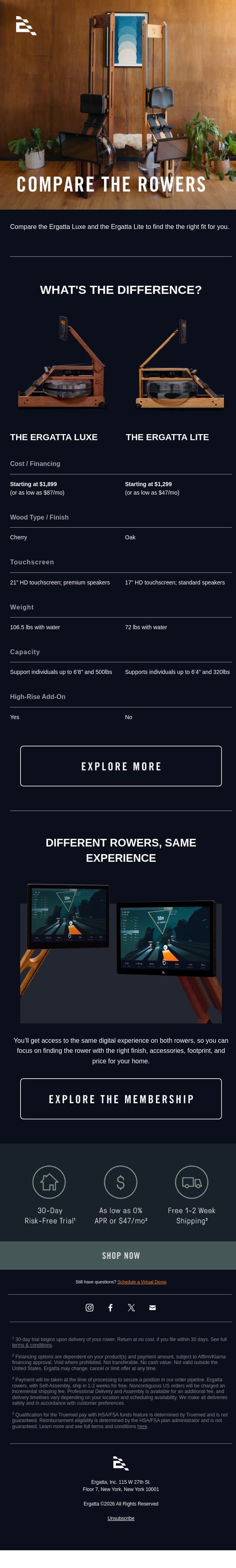 Compare the Ergatta Luxe vs. Lite email from Ergatta screenshot
