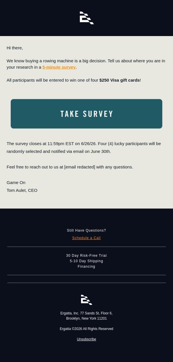 Share Feedback, Win $250 email from Ergatta screenshot