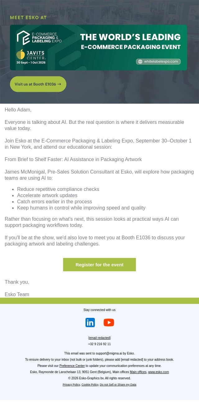 Where AI is actually helping packaging teams today email from Esko screenshot