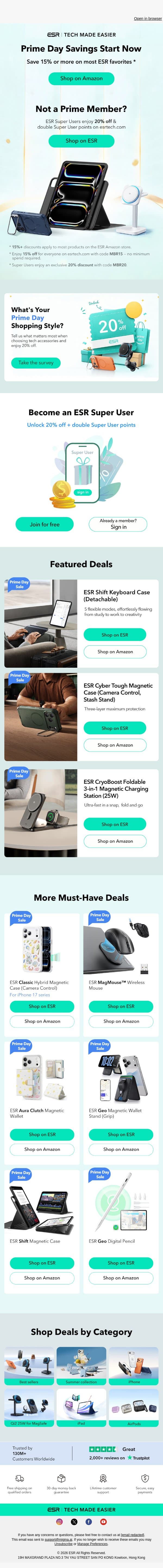 Prime Day Deals for Work, Travel & Everyday Carry | ESR email from ESR screenshot