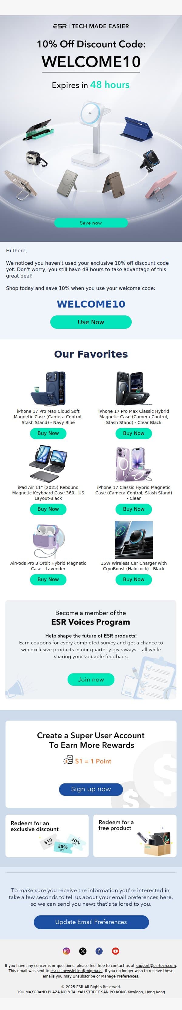 👉 Only 48 hours remaining to use your discount! email from ESR screenshot