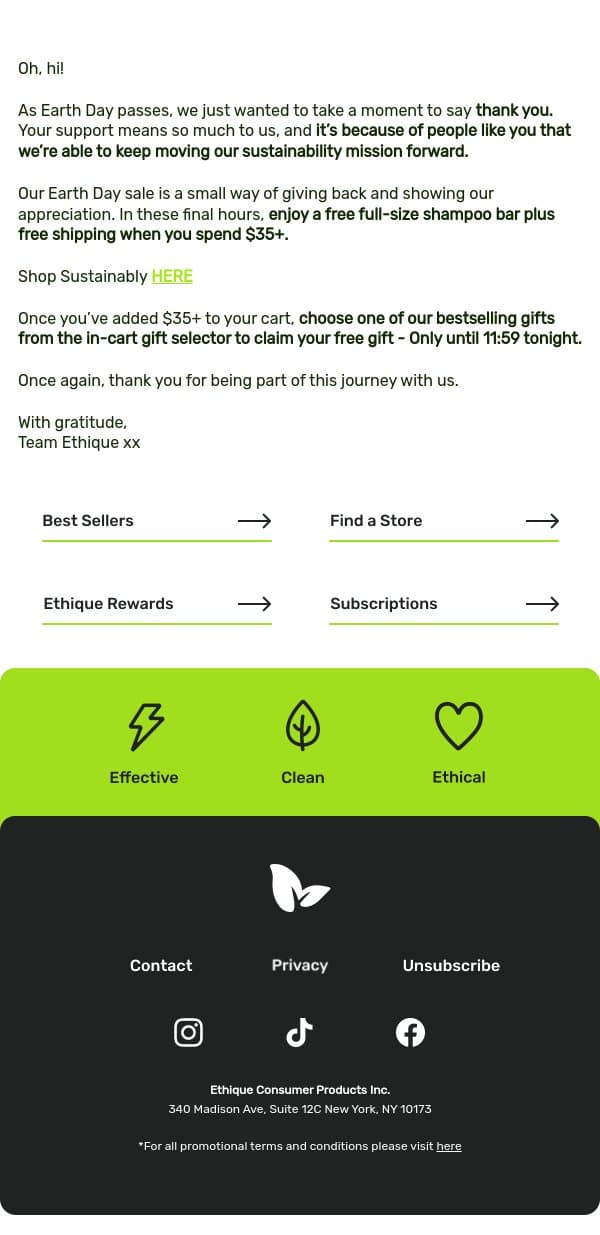 Our thanks for supporting our mission💚 email from Ethique screenshot