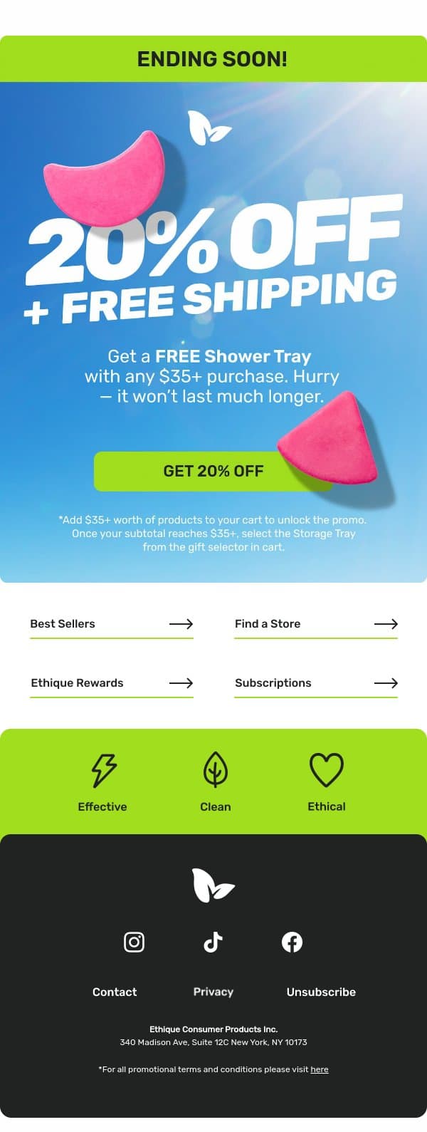 FINAL DAYS: 20% OFF + FREE SHIPPING email from Ethique screenshot
