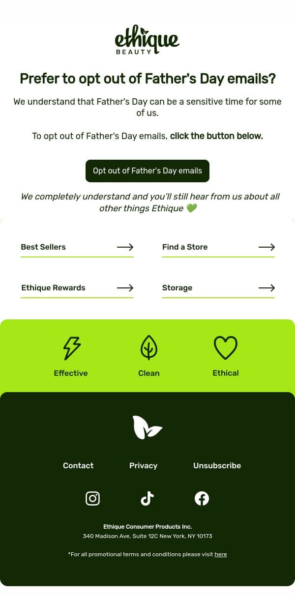 Opt Out of Father's Day Emails email from Ethique screenshot