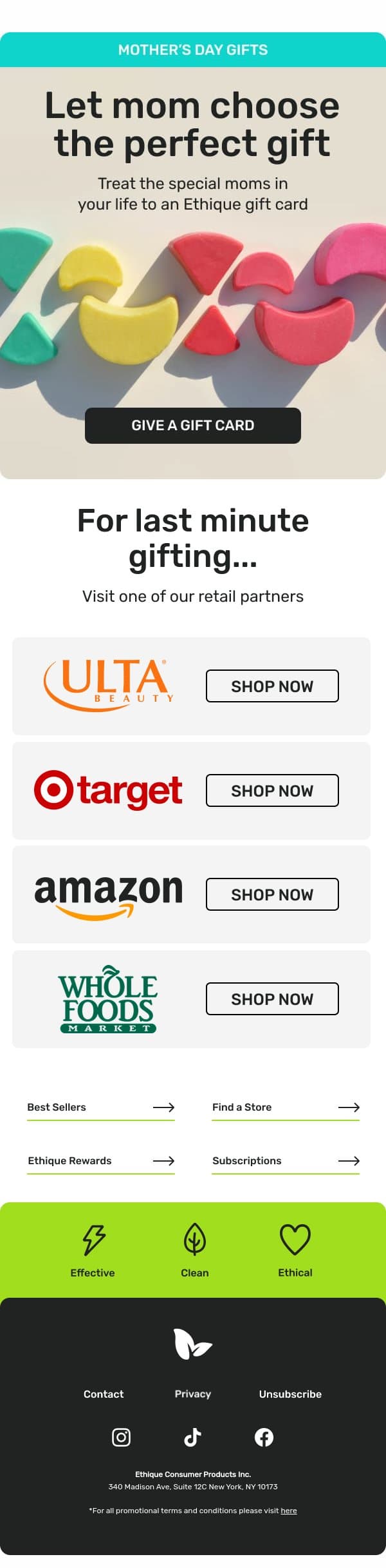Give mom the gift of choice! email from Ethique screenshot
