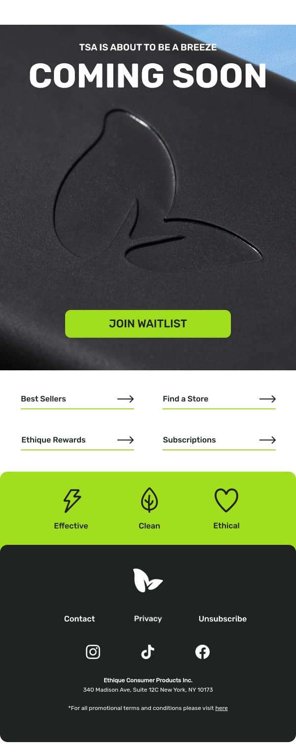 This launch is going places 👀 email from Ethique screenshot