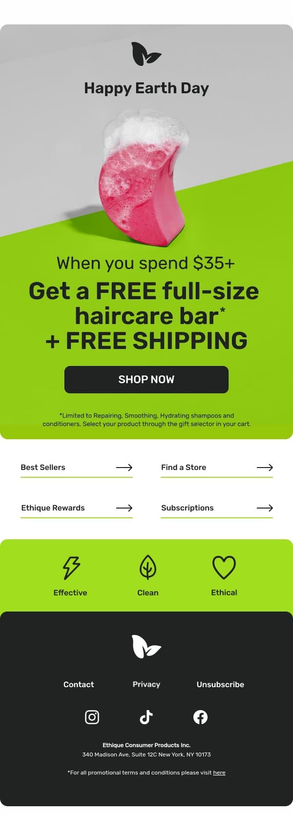 A free full-size bar with purchase 🌏💚 email from Ethique screenshot