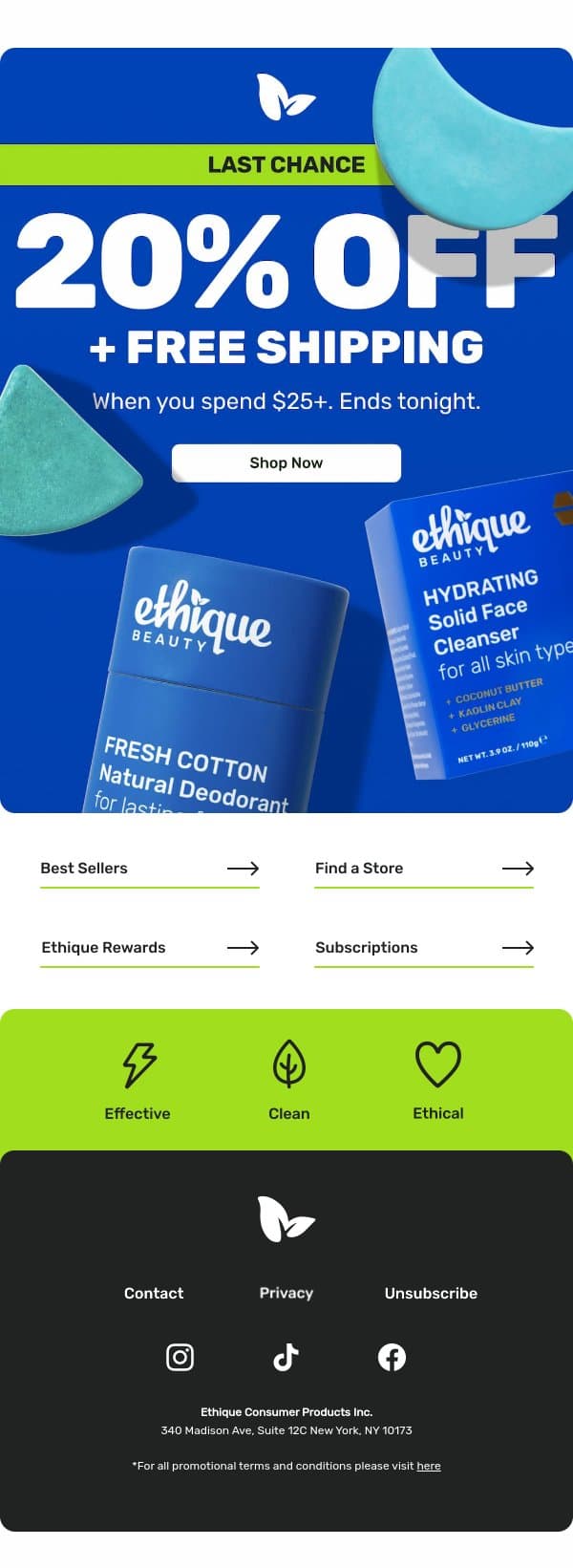 ENDS TONIGHT: 20% off + free shipping email from Ethique screenshot