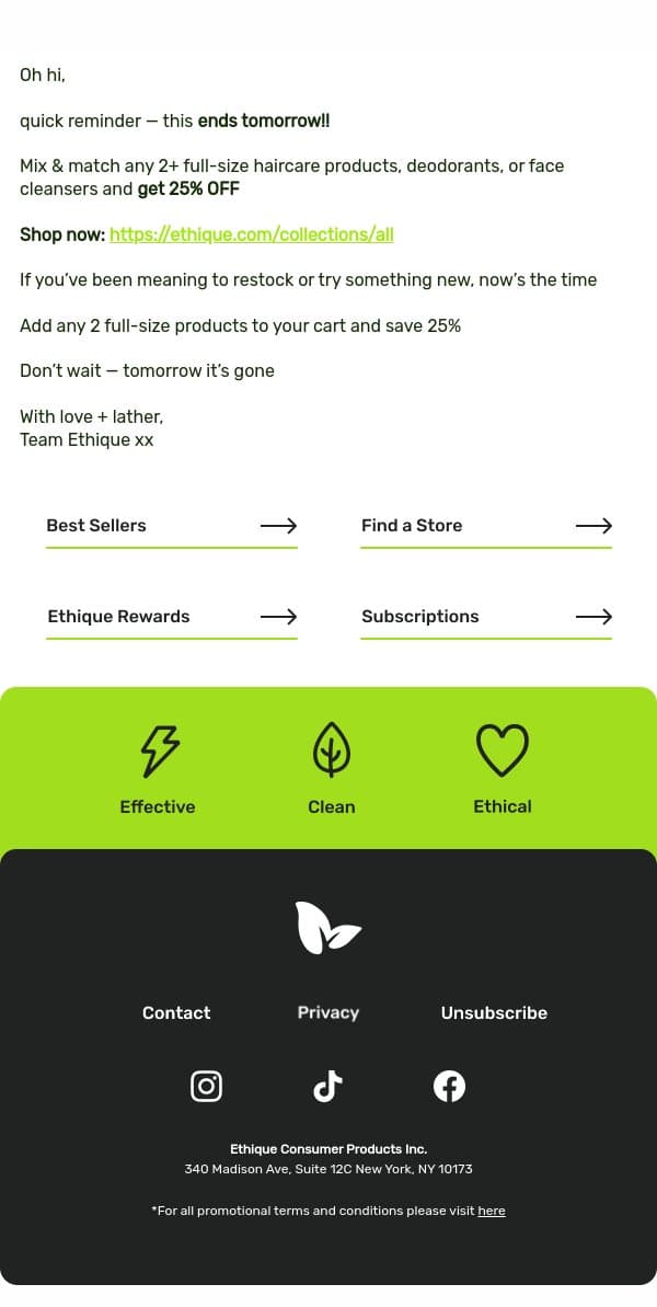25% OFF Ends Tomorrow👀 email from Ethique screenshot