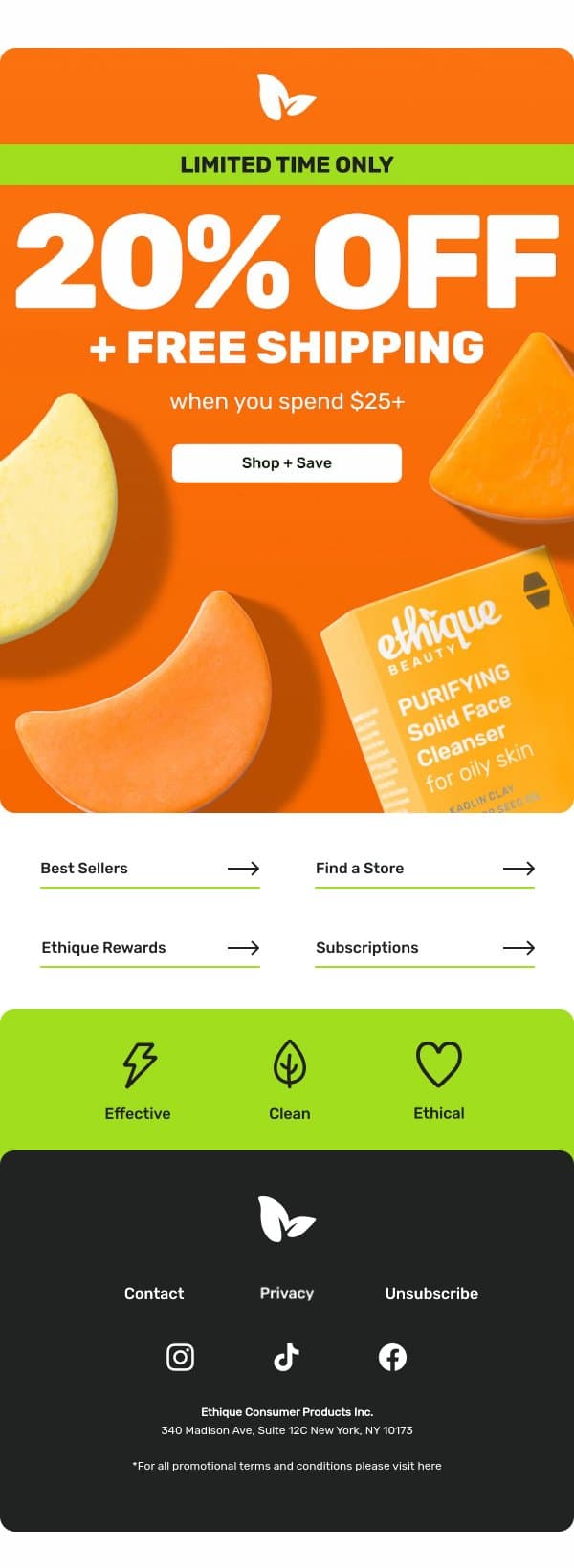 20% off + free shipping w $25+ purchase email from Ethique screenshot