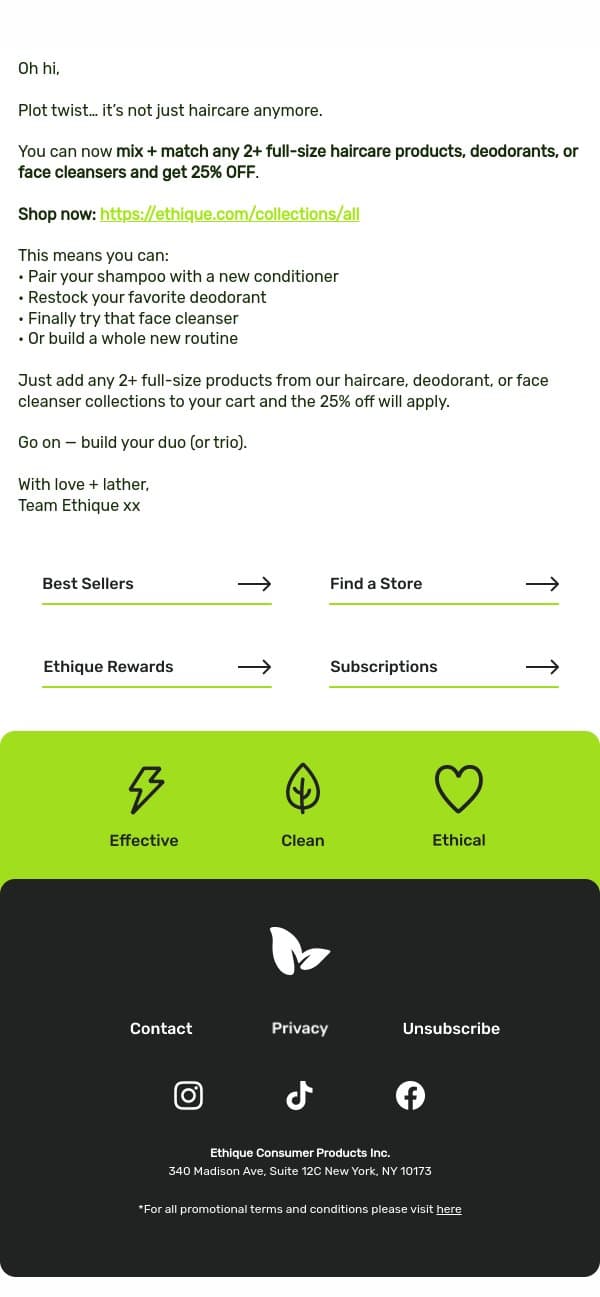25% OFF 2+ full-size products 🫧 email from Ethique screenshot