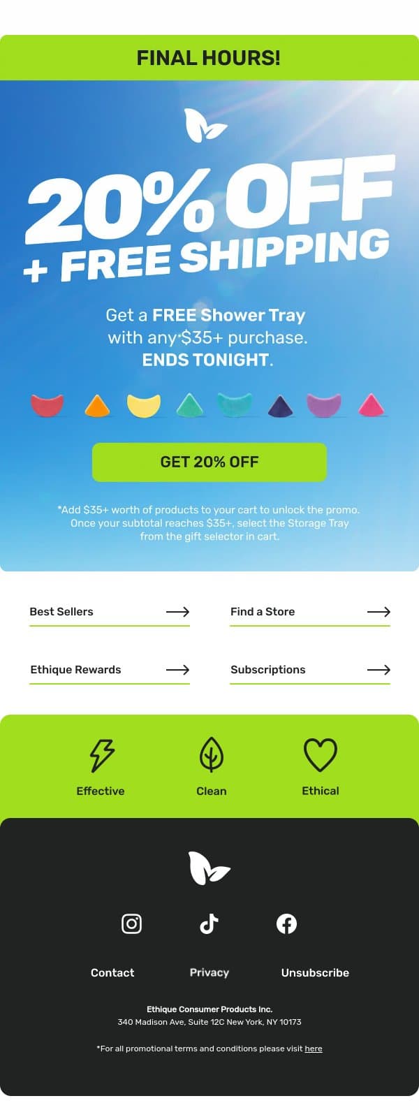 FINAL HOURS! 20% off + free shipping email from Ethique screenshot