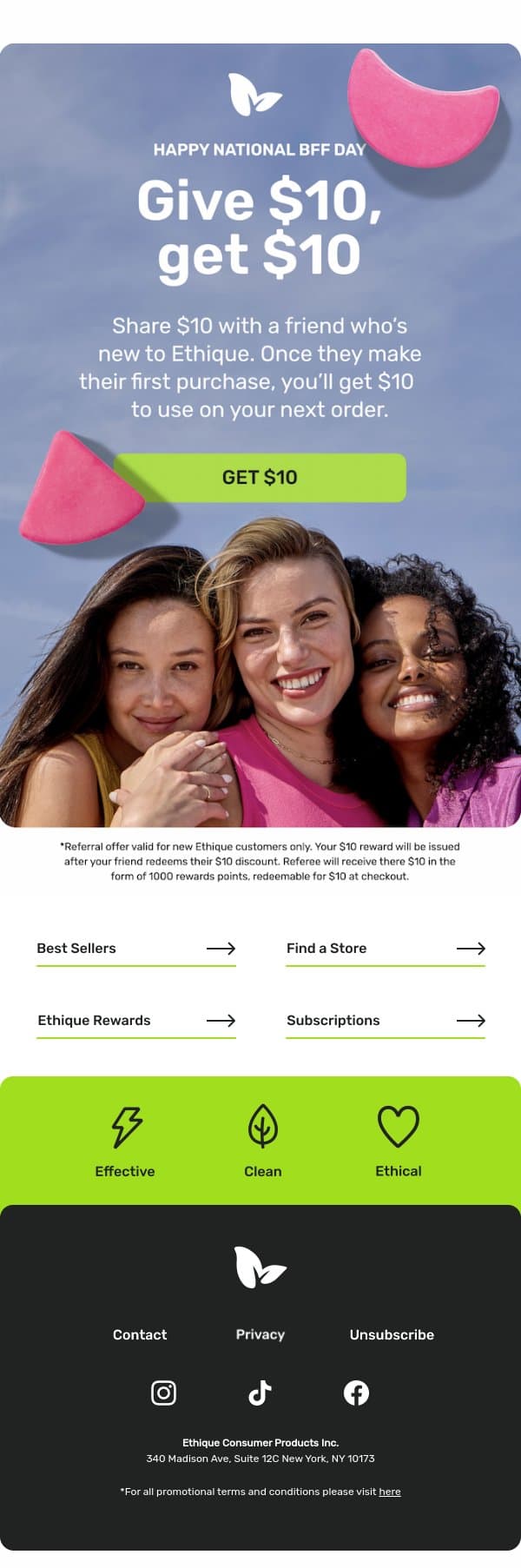$10 OFF for you + your bestie too! email from Ethique screenshot