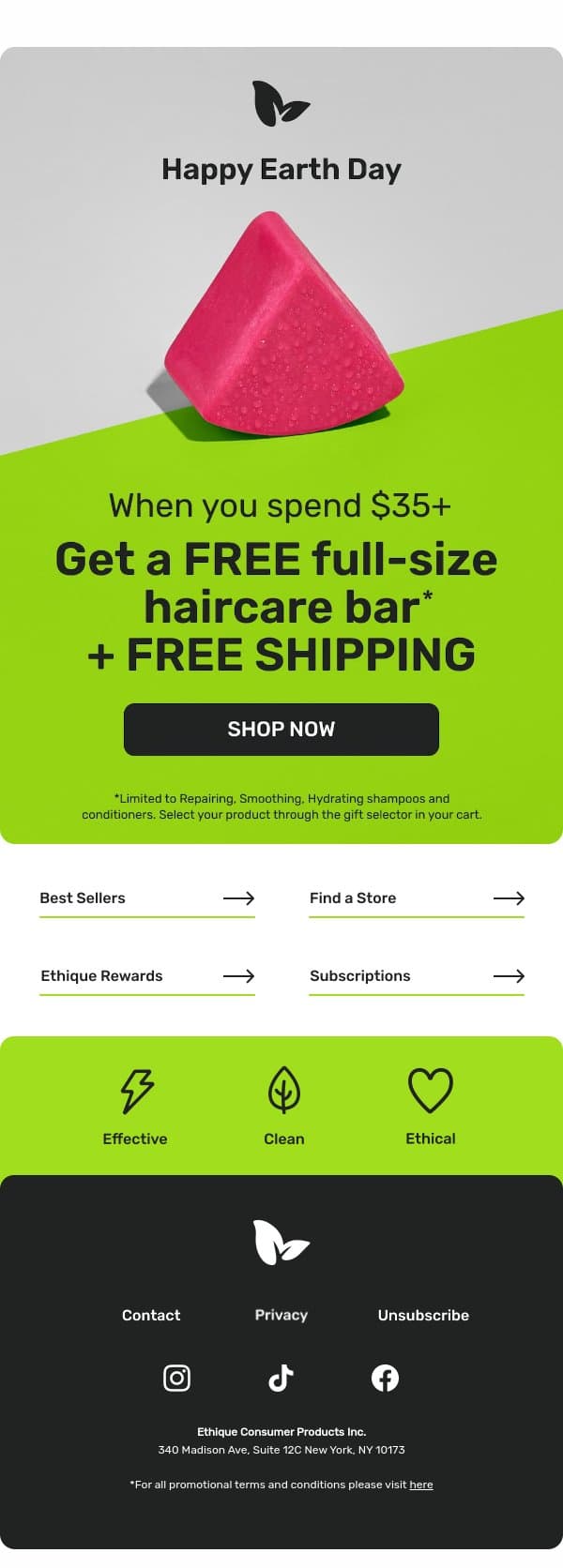 LAST CHANCE: free full-size + free shipping 🌏💚 email from Ethique screenshot