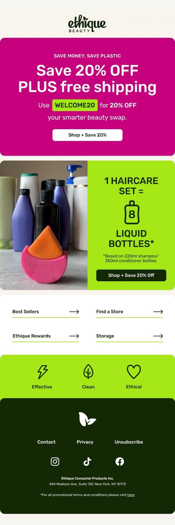 One solid haircare set = 8 liquid bottles email from Ethique screenshot