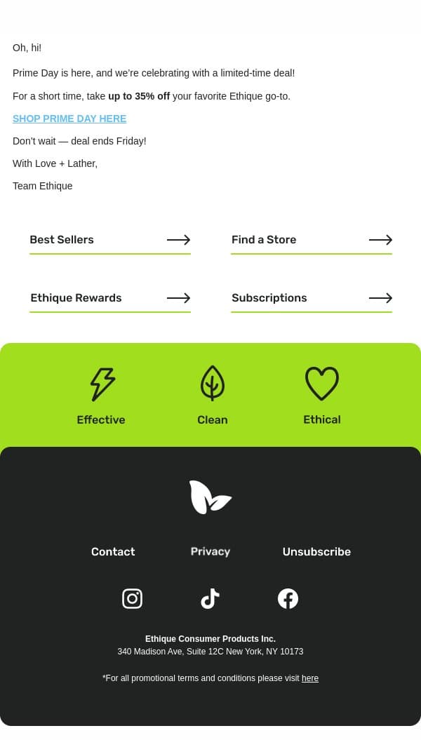 Prime Day Deal: Up to 35% Off email from Ethique screenshot