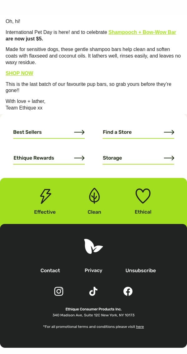 Stock up on Shampooch — now just $5 🐾 email from Ethique screenshot