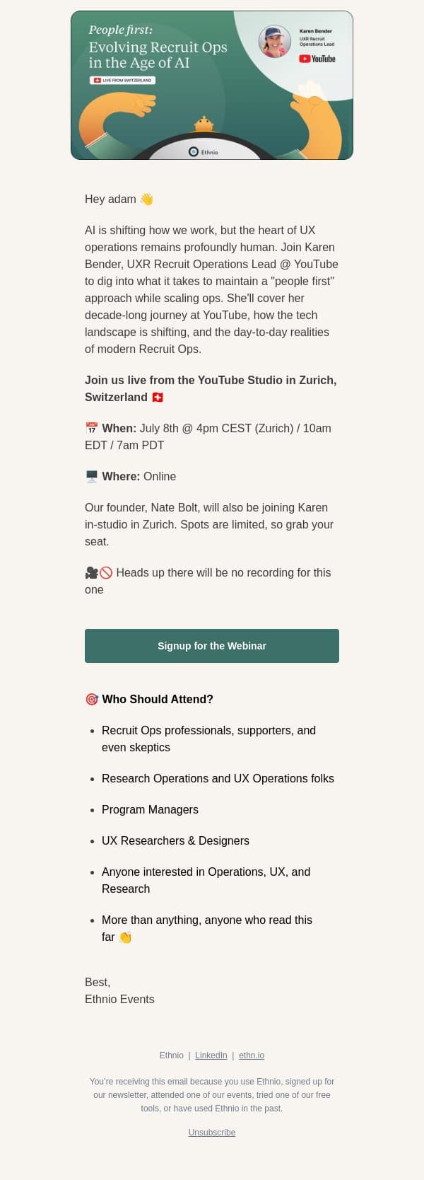 People First: Evolving Recruit Ops in the Age of AI with Karen Bender from YouTube 🗣️ email from Ethnio screenshot