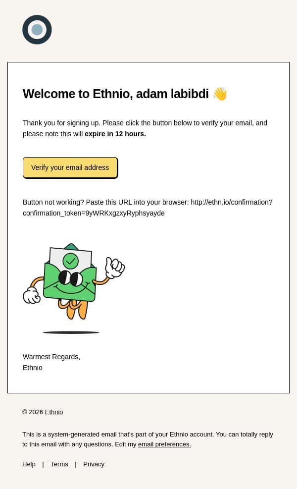 Verify your email ✅ email from Ethnio screenshot