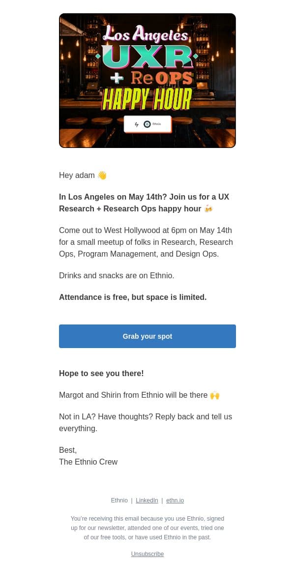 LA Happy Hour on May 14th 🍸 email from Ethnio screenshot